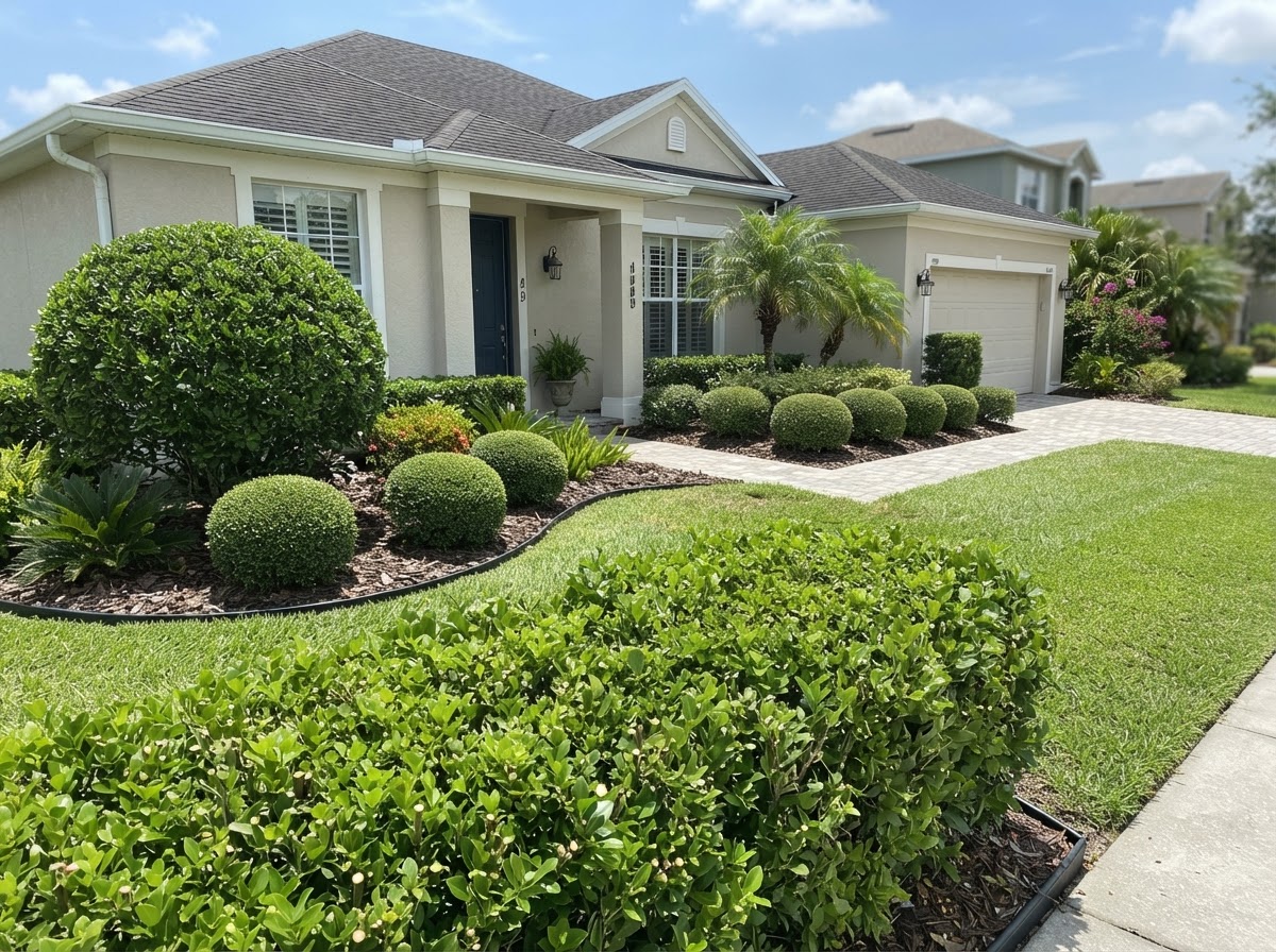 Trimmed shrubs and hedges in a front yard