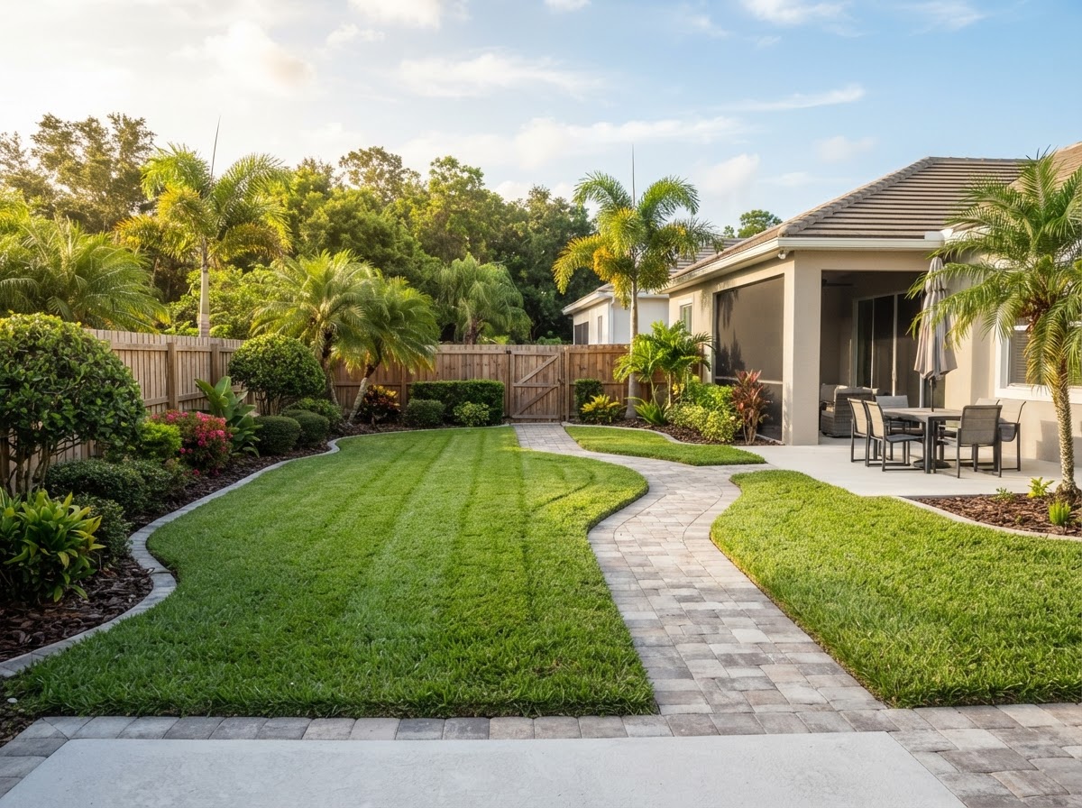 Yard cleanup service in a residential backyard
