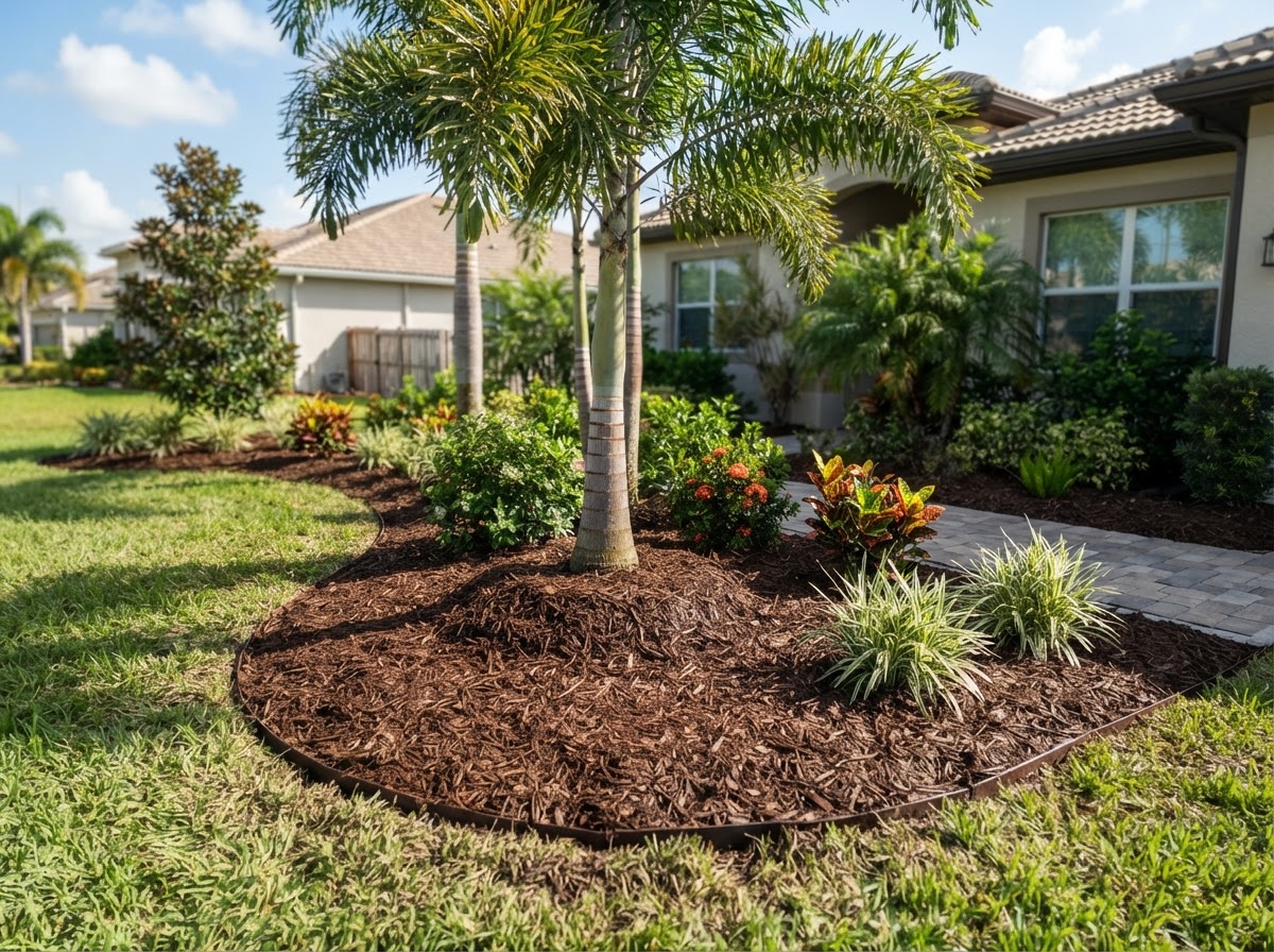 Fresh mulch installation around trees and shrubs