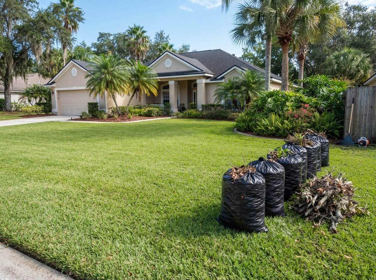 Lawn raking and debris removal in a yard