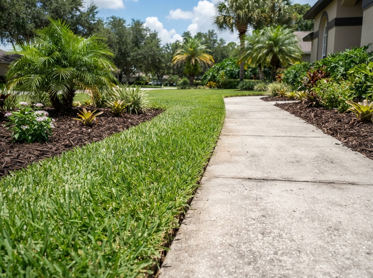 Lawn edging along a concrete walkway