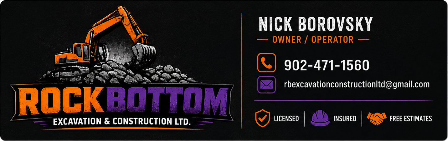 RockBottom Excavation & Construction Ltd. Transparent Business Card Front - Nick Borovsky, Owner Operator, Heavy Excavator Illustration