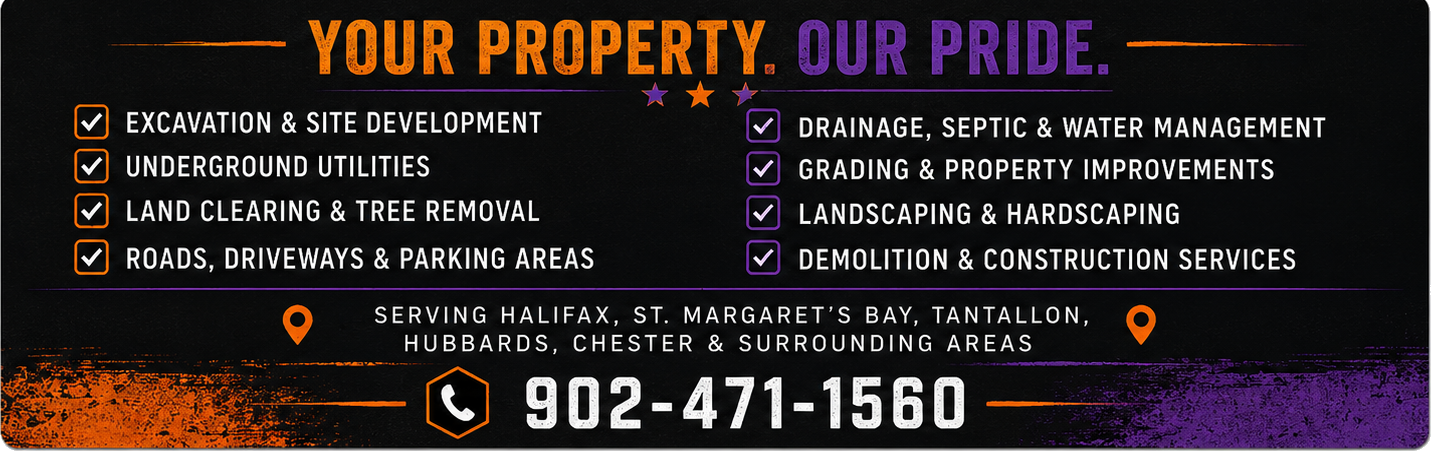 RockBottom Excavation & Construction Ltd. Transparent Business Card Back - Your Property. Our Pride. Services & Regional Coverage