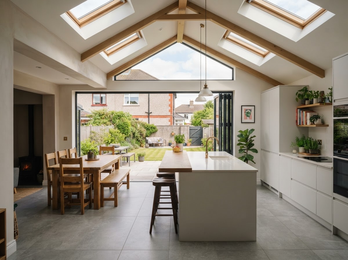 Bright open-plan kitchen-living extension with skylights and bi-fold doors