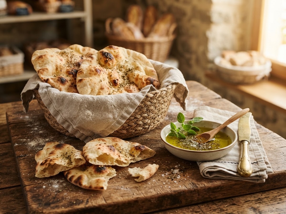 Frisches Pita-Brot und Brotkorb mit Oregano