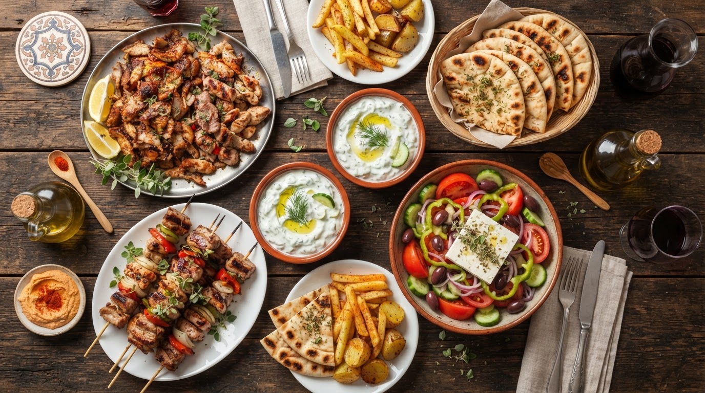 Griechische Grillplatte mit Gyros, Souvlaki, Tzatziki und frischem Salat bei Robertos Grill in Lünen-Brambauer