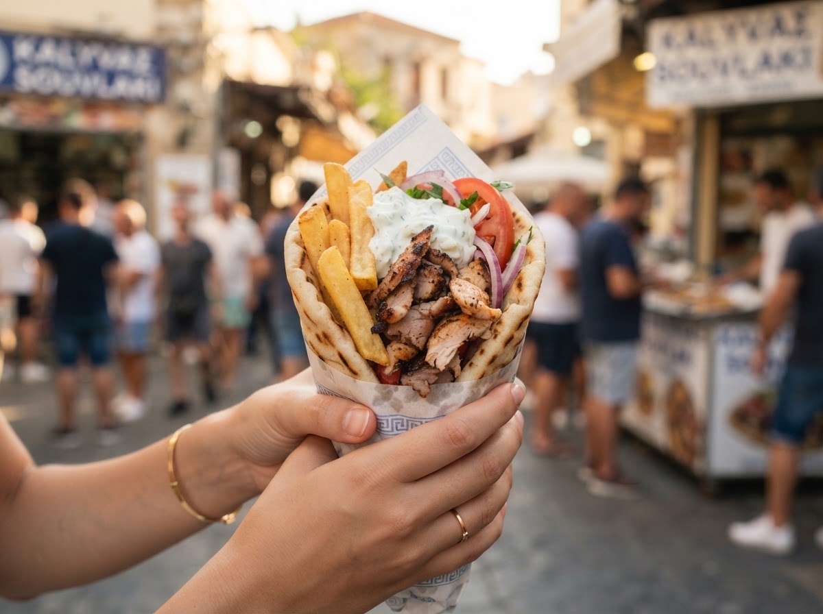 Souvlaki-Teller mit Pommes, Salat und Zaziki
