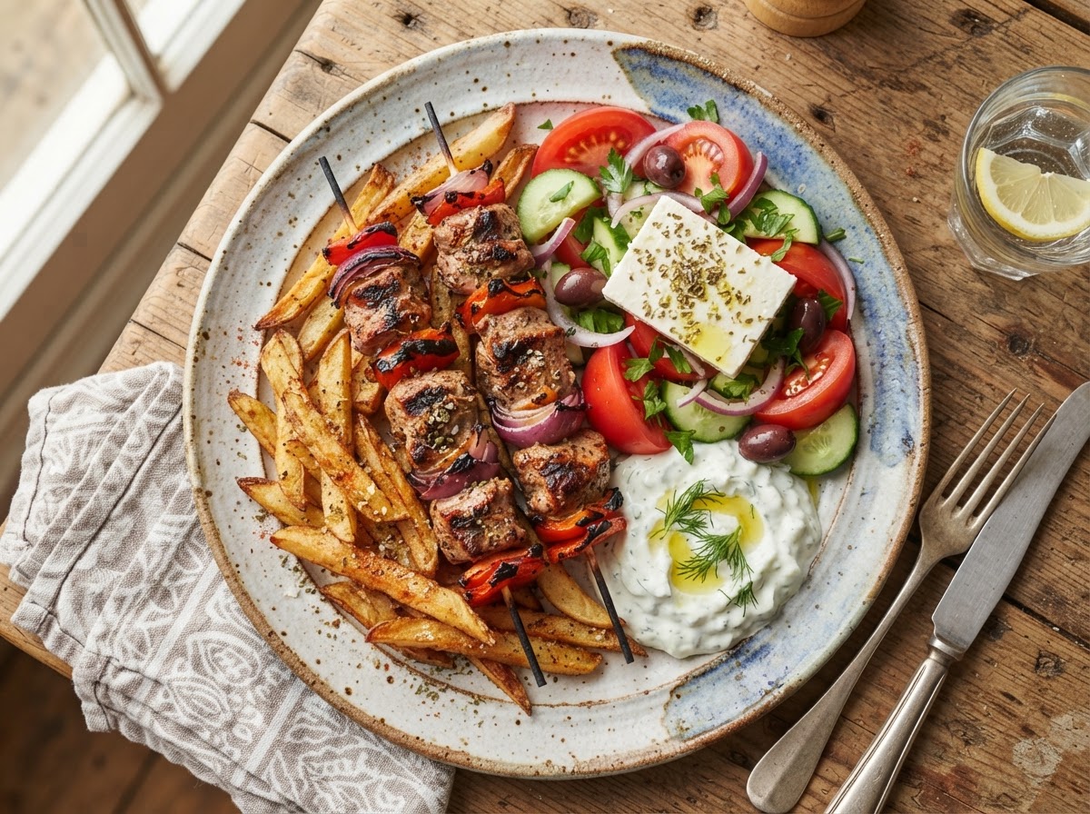 Gyros-Pita mit Zaziki und Pommes aus Robertos Grill