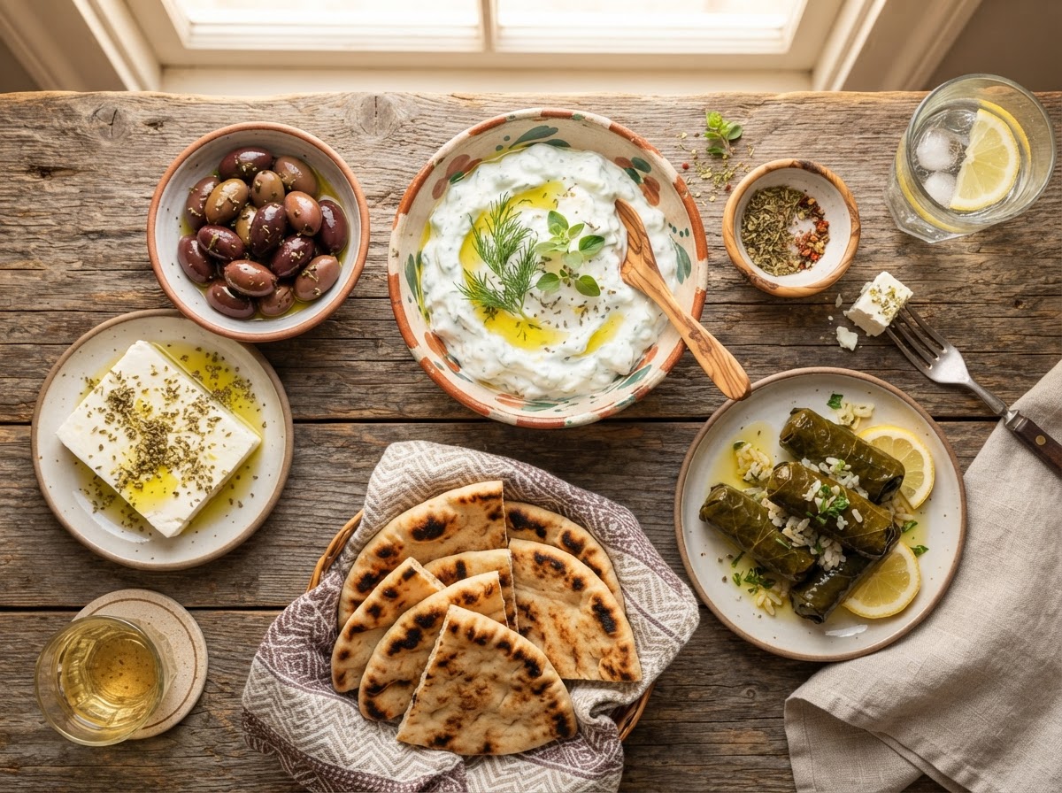 Griechische Meze-Vorspeisen mit Zaziki, Oliven und Feta