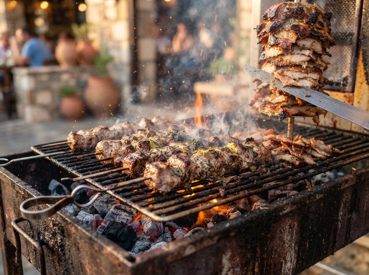 Gegrillte Souvlaki-Spieße und Gyros vom Grill für den Party-Service von Robertos Grill