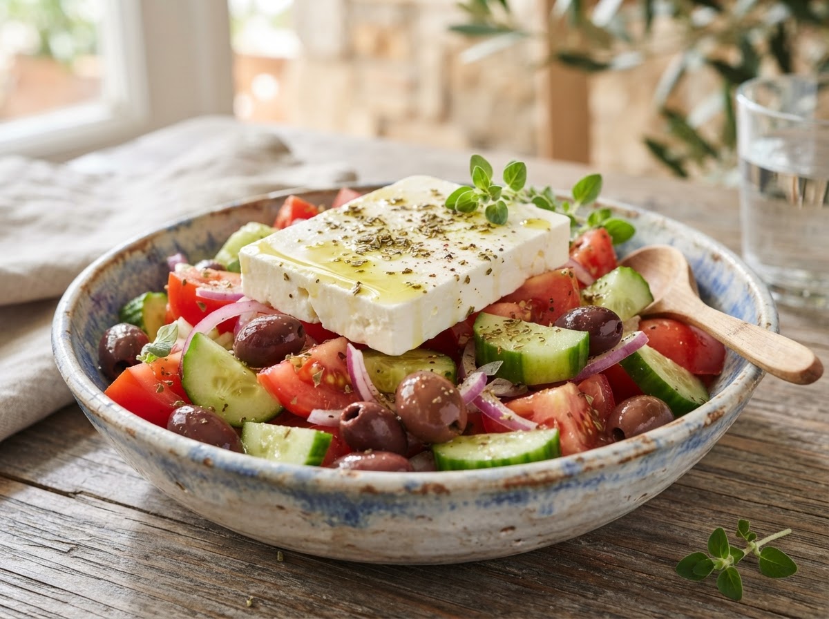 Frischer griechischer Bauernsalat mit Feta und Oliven