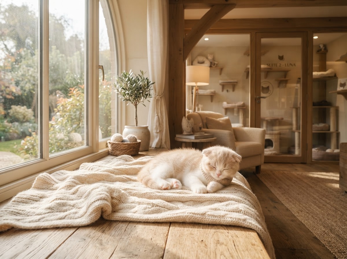 Cozy boutique cattery interior with a resting kitten near a sunlit window