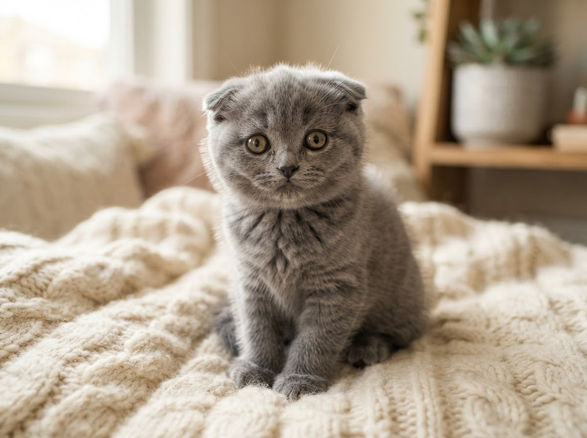 Scottish Fold kitten with folded ears and soft grey coat