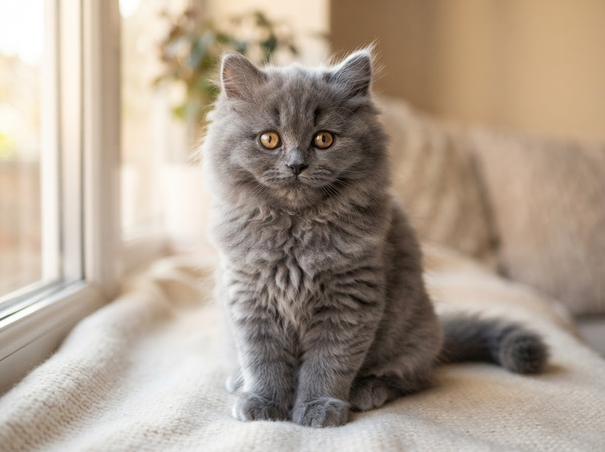 British Longhair kitten with long plush blue-grey coat and round amber eyes