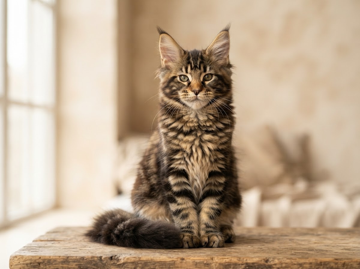 Maine Coon kitten with large body, semi-long brown tabby coat and tufted ears