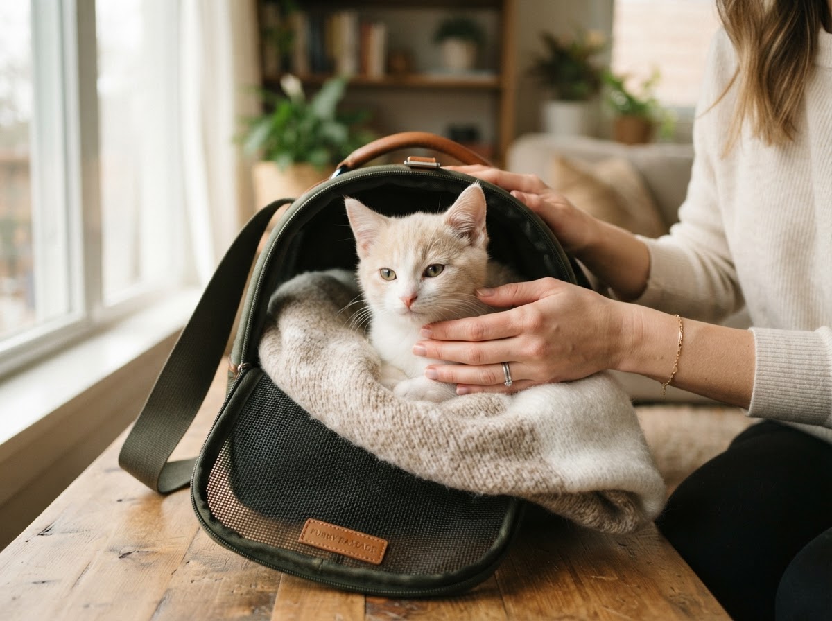 Kitten being gently held during a health check