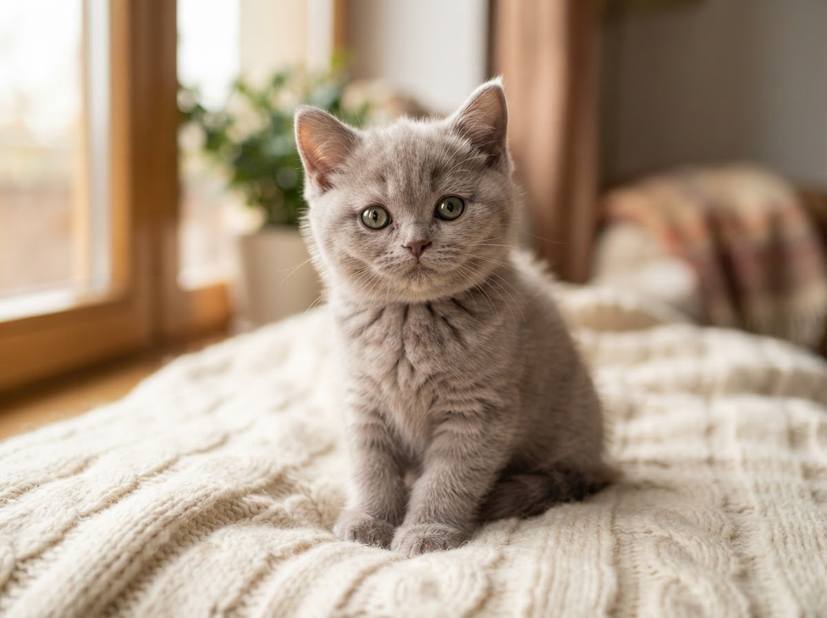 Scottish Straight kitten with upright ears and soft lilac-grey coat