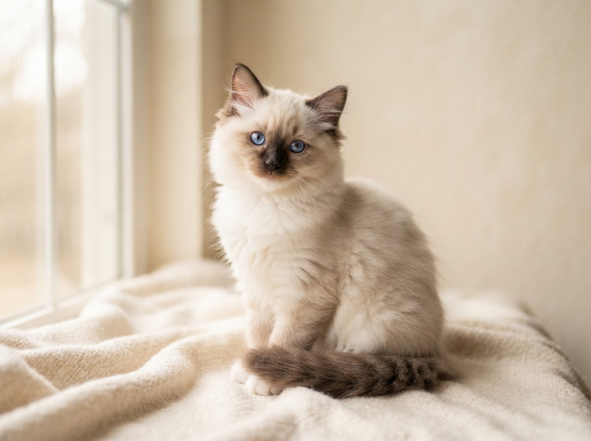 Ragdoll kitten with blue eyes and semi-long colorpoint coat