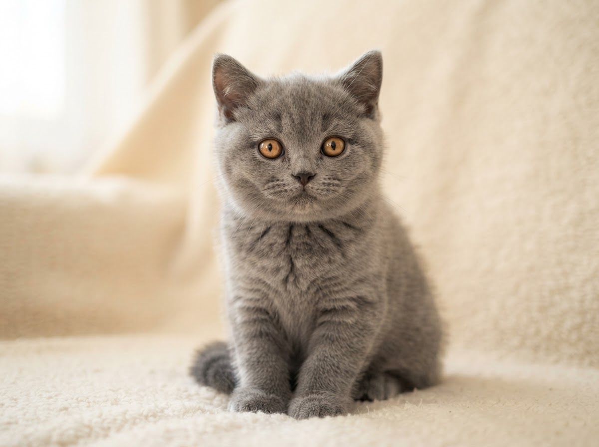 British Shorthair blue kitten with plush coat and round copper eyes