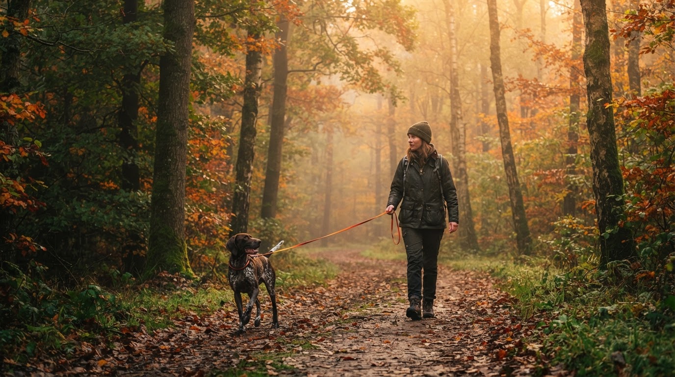 Person mit Jagdhund auf einem Waldspaziergang im warmen Morgenlicht