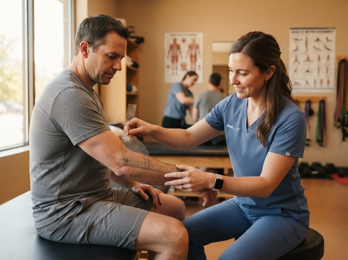 Physiotherapist measuring a patient's arm strength and range of motion