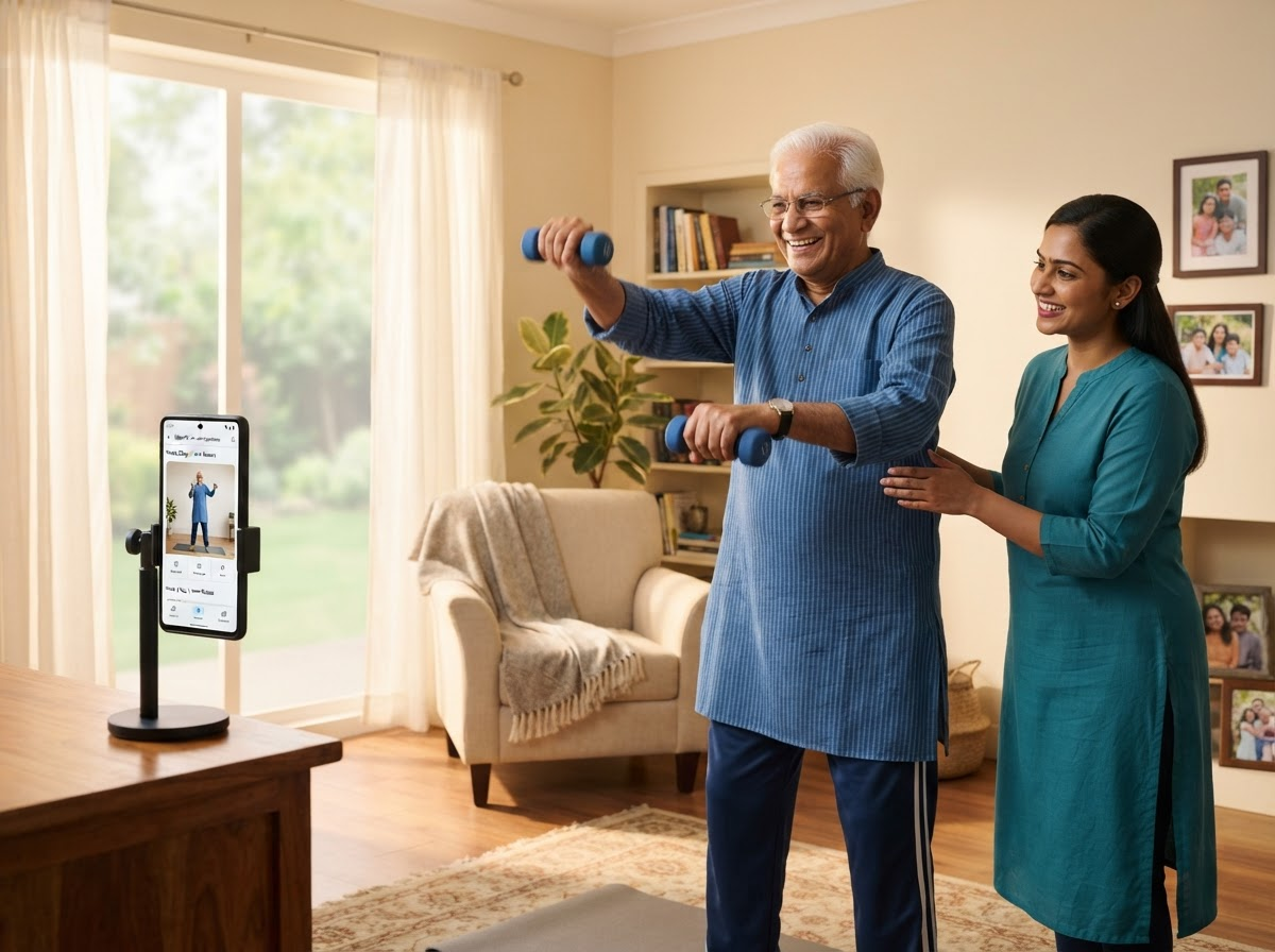 Older adult exercising at home with family, supported by VedaNova digital care