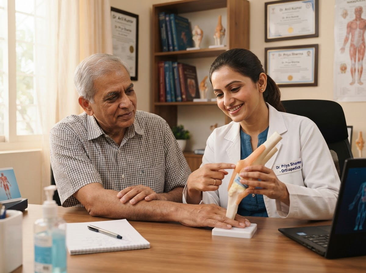 Doctor reviewing a knee joint model during non-surgical care assessment