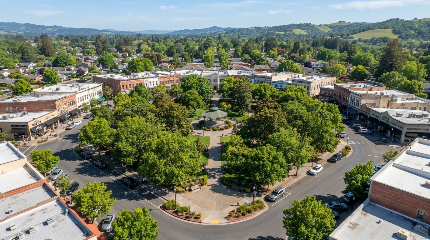 The hexagon-shaped plaza in downtown Cotati, California