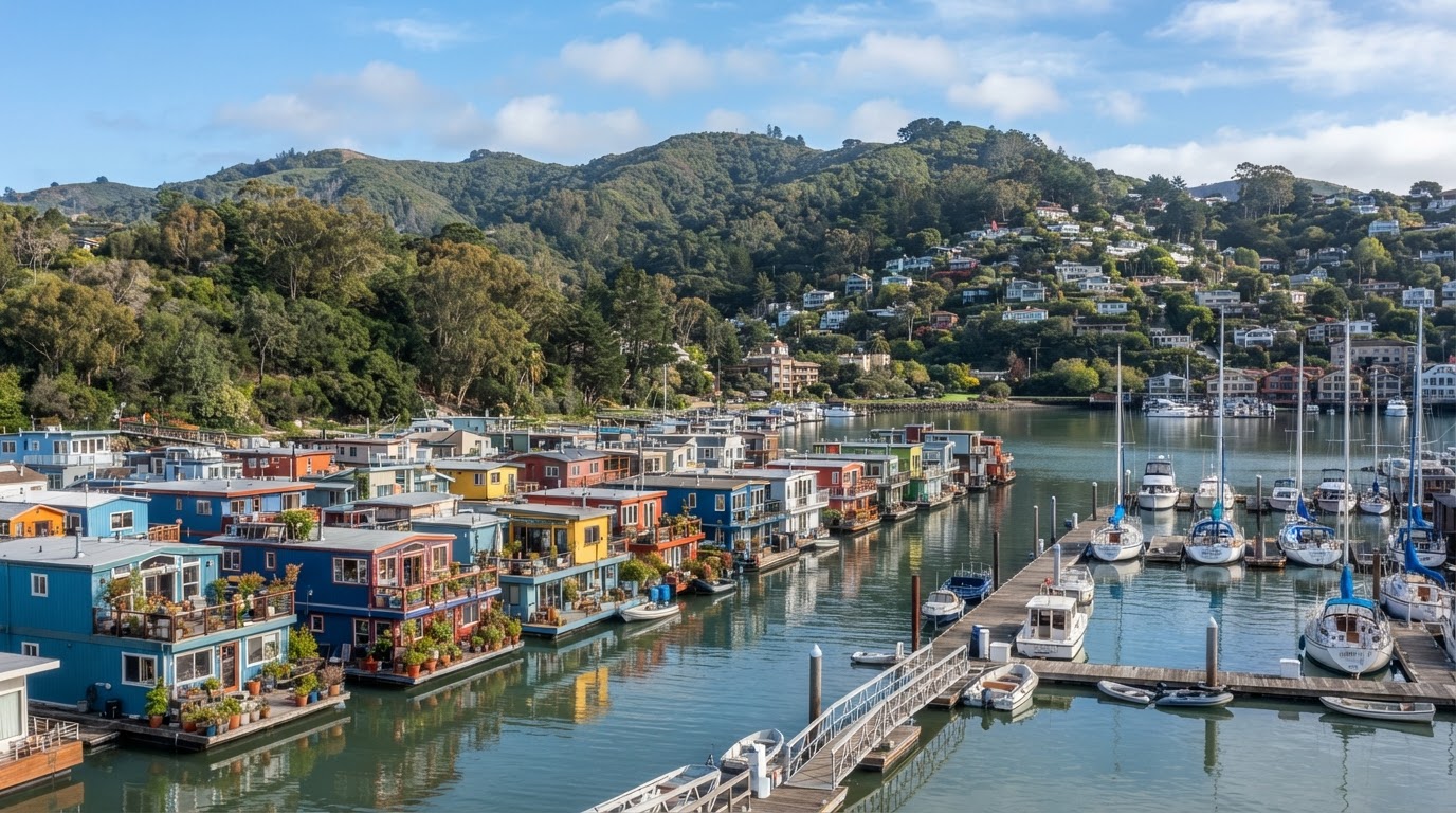 The Sausalito waterfront and houseboat community on Richardson Bay, California