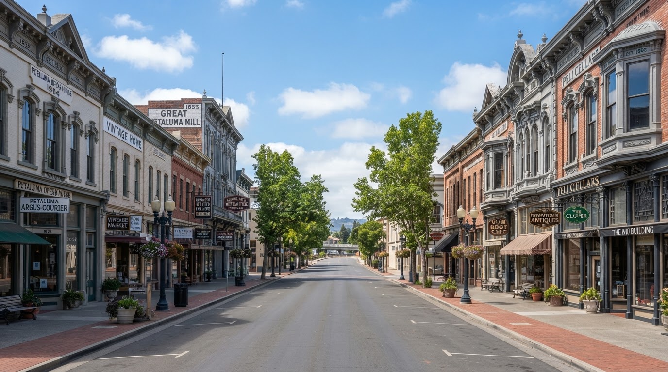 Historic iron-front buildings in downtown Petaluma, California