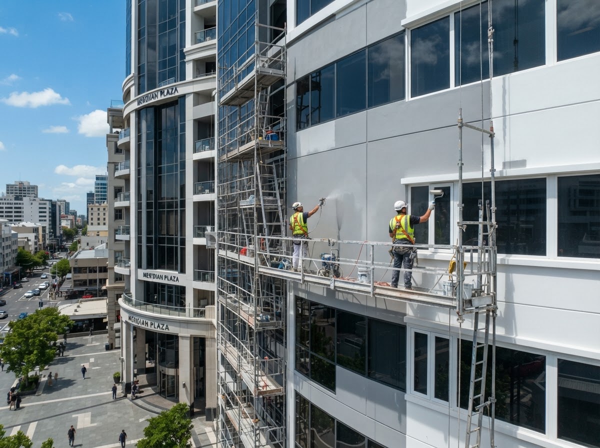 Painters spraying and rolling paint onto a large modern office building exterior facade