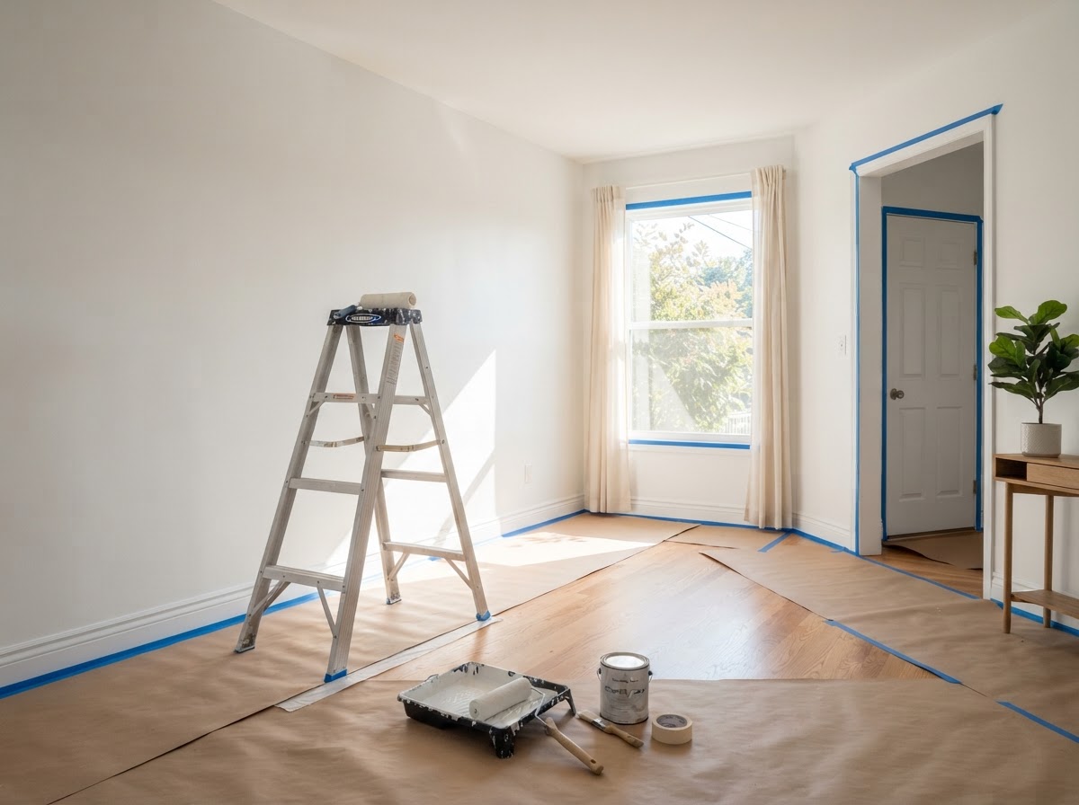 Painter rolling fresh white paint onto a bright living room wall with natural daylight