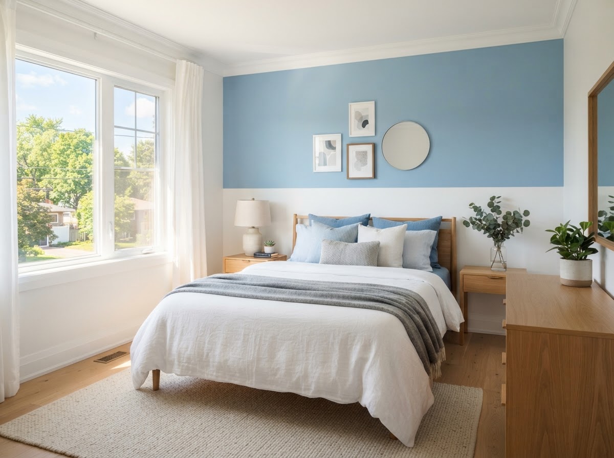 Freshly painted modern bedroom with a soft blue two tone accent wall and crisp white trim