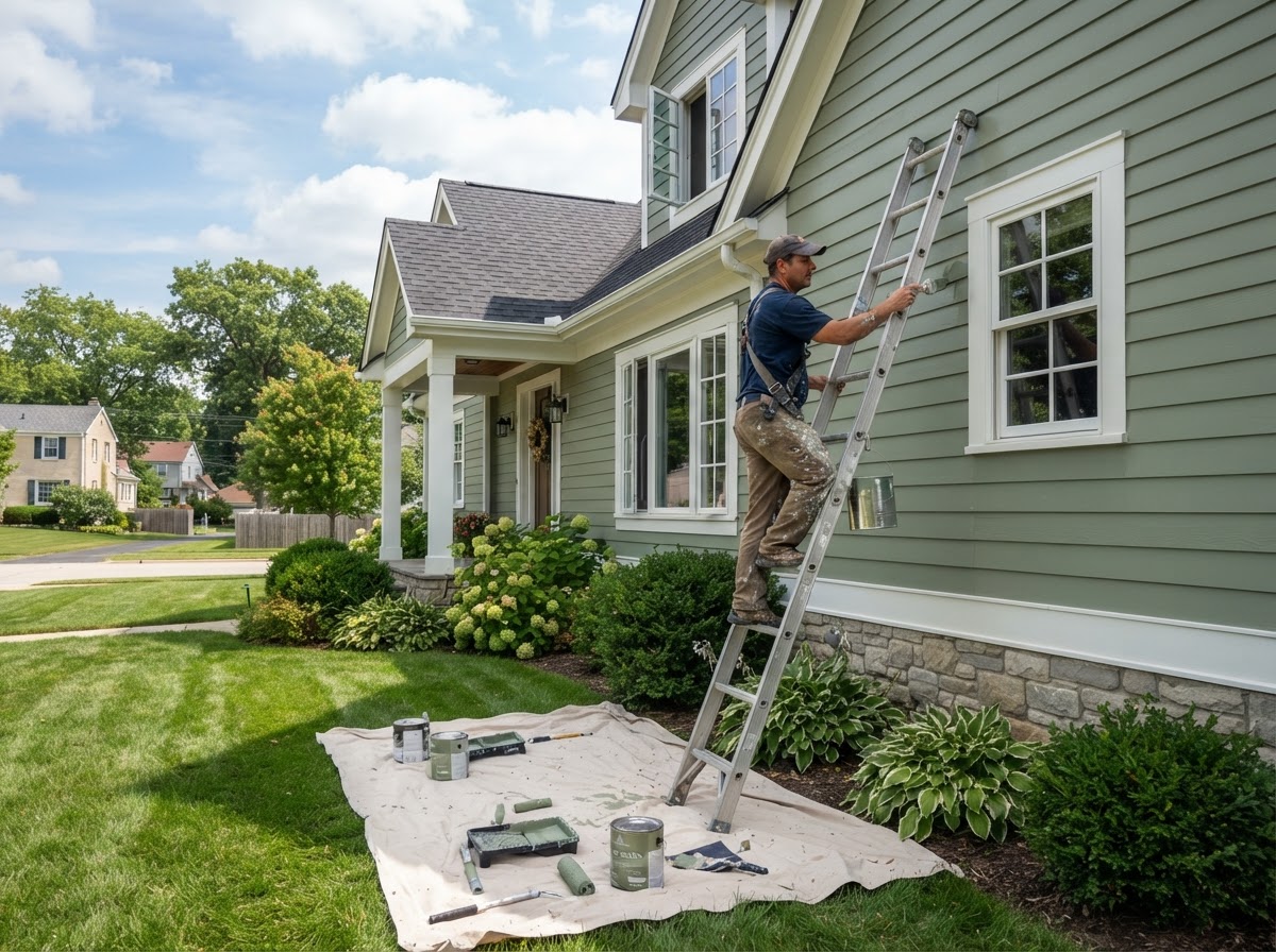Painter brushing sage green paint onto the siding of a suburban home exterior