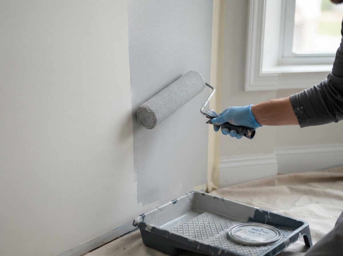 Paint roller applying a smooth even coat of soft gray paint to a clean drywall wall