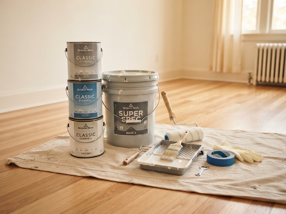 Organized stack of paint cans, rollers, and brushes on a drop cloth at a tidy job site