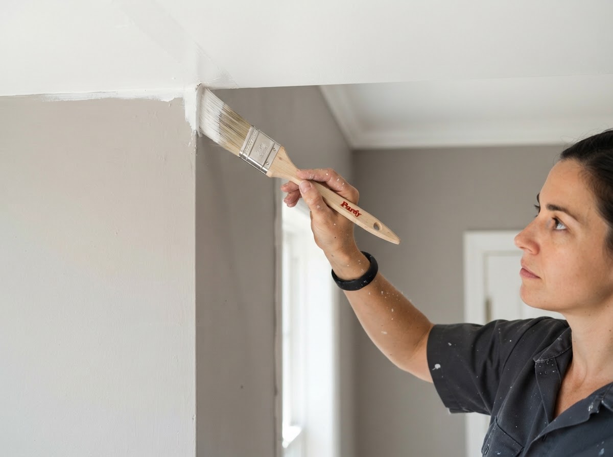 Painter cutting in paint along the corner where the wall meets the ceiling