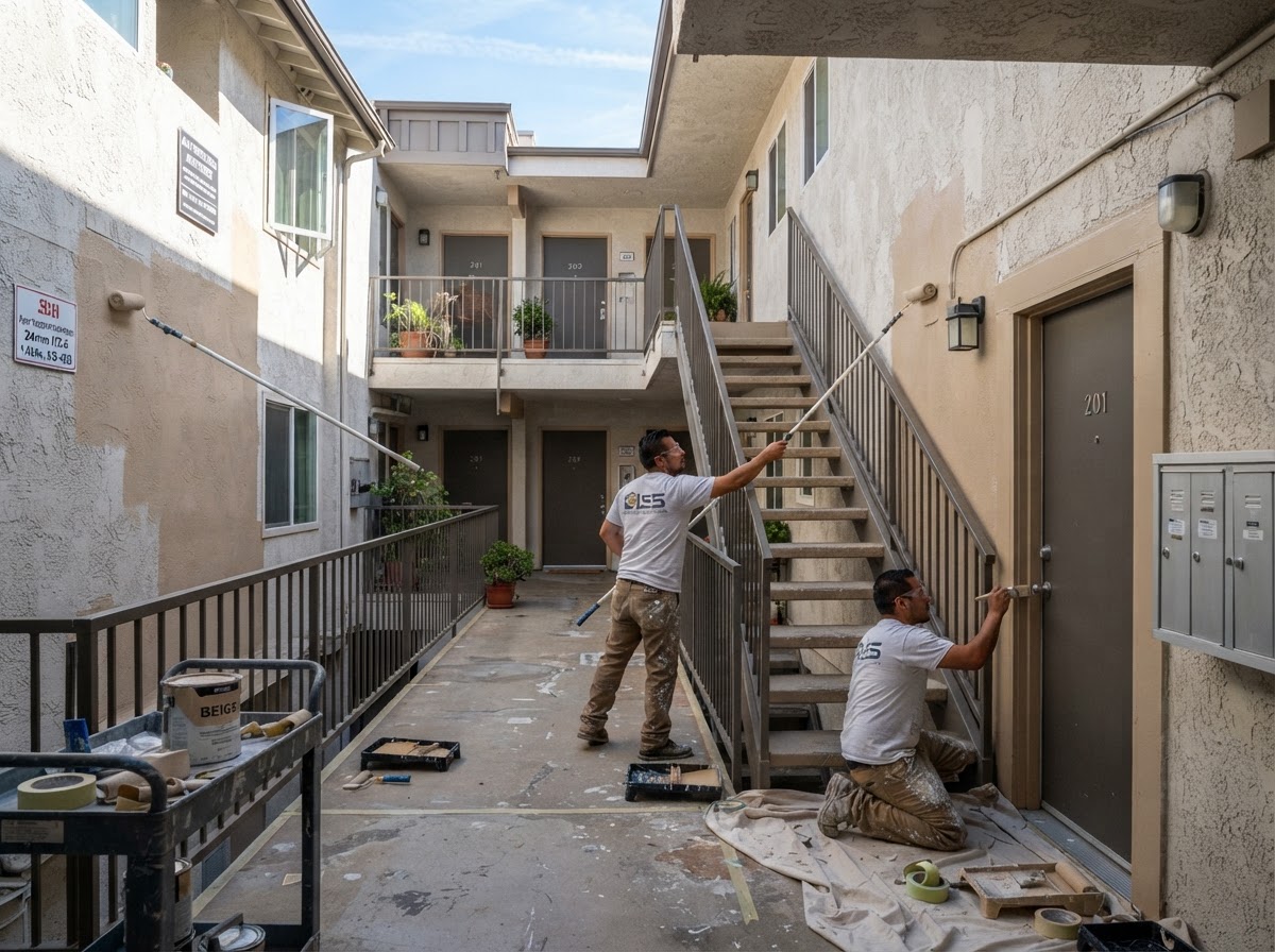 Painters rolling and brushing neutral beige paint onto the exterior hallway of a multi unit apartment building