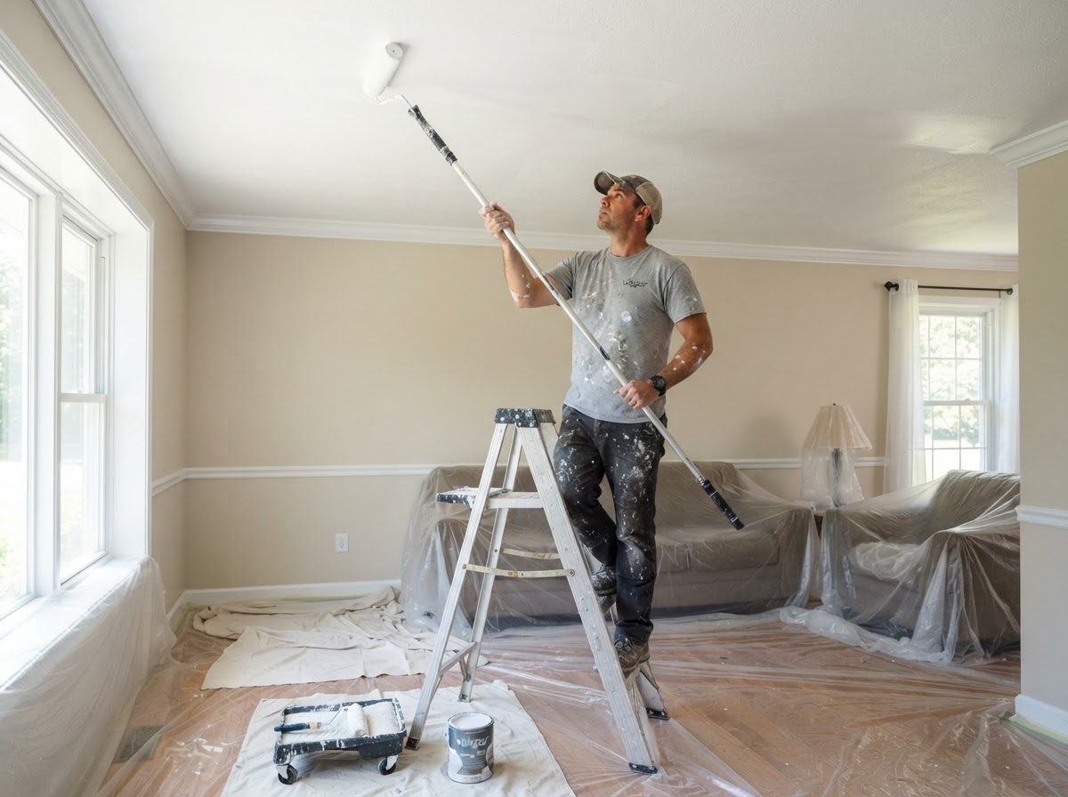 Painter on a step ladder rolling white paint onto a ceiling with furniture protected below