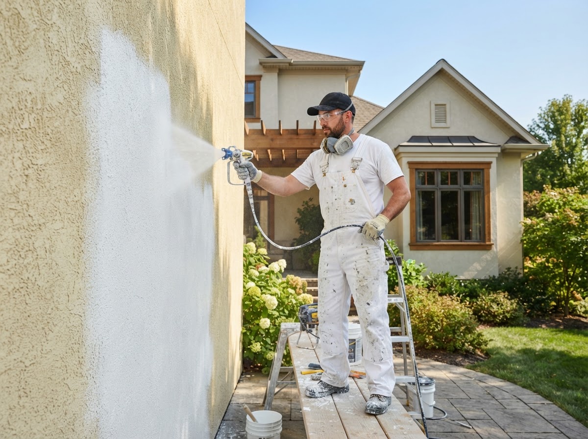 Painter spraying a smooth coat of white paint onto an exterior stucco wall