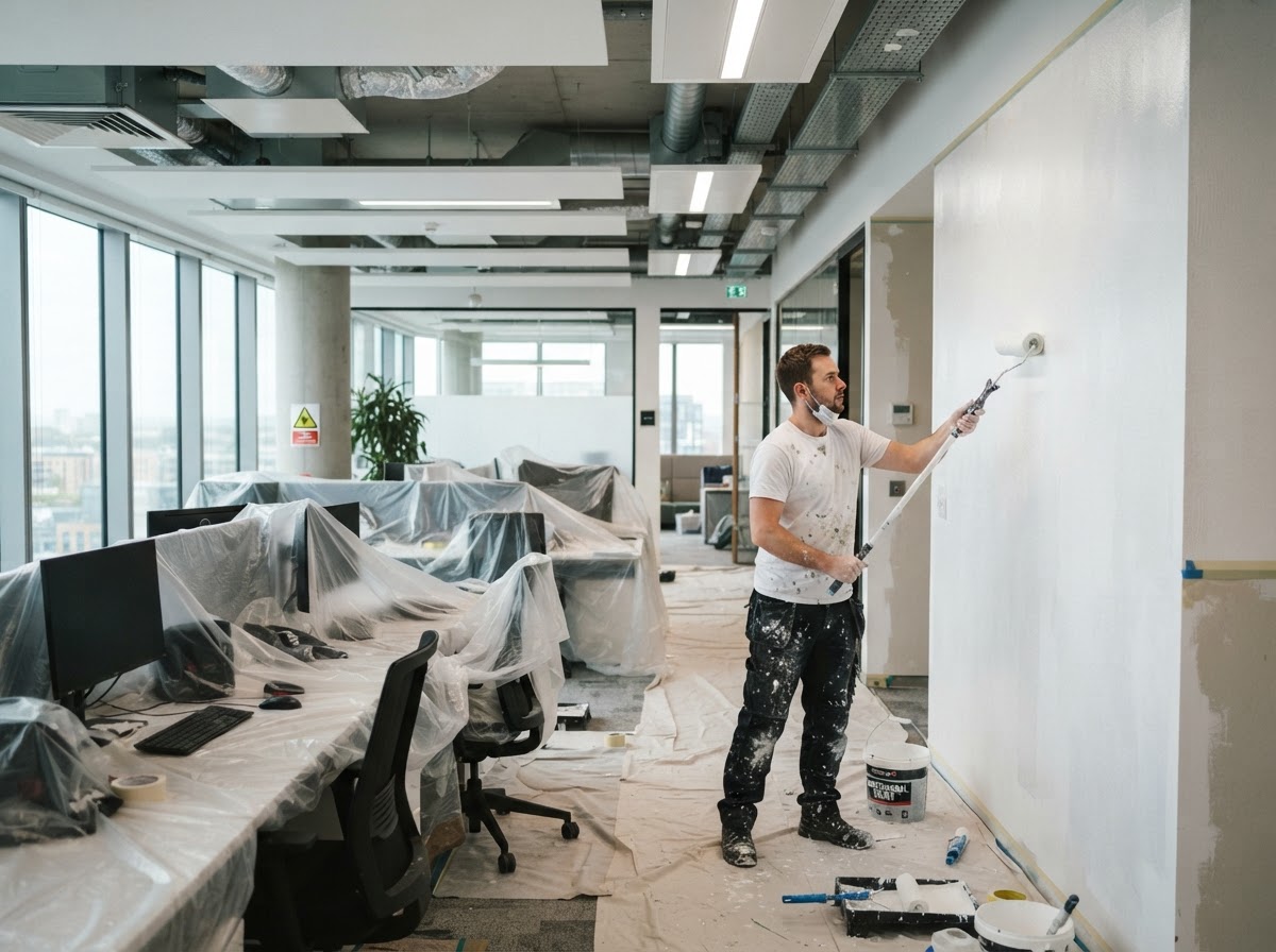 Painter rolling fresh white paint onto the wall of a modern open plan office with furniture protected