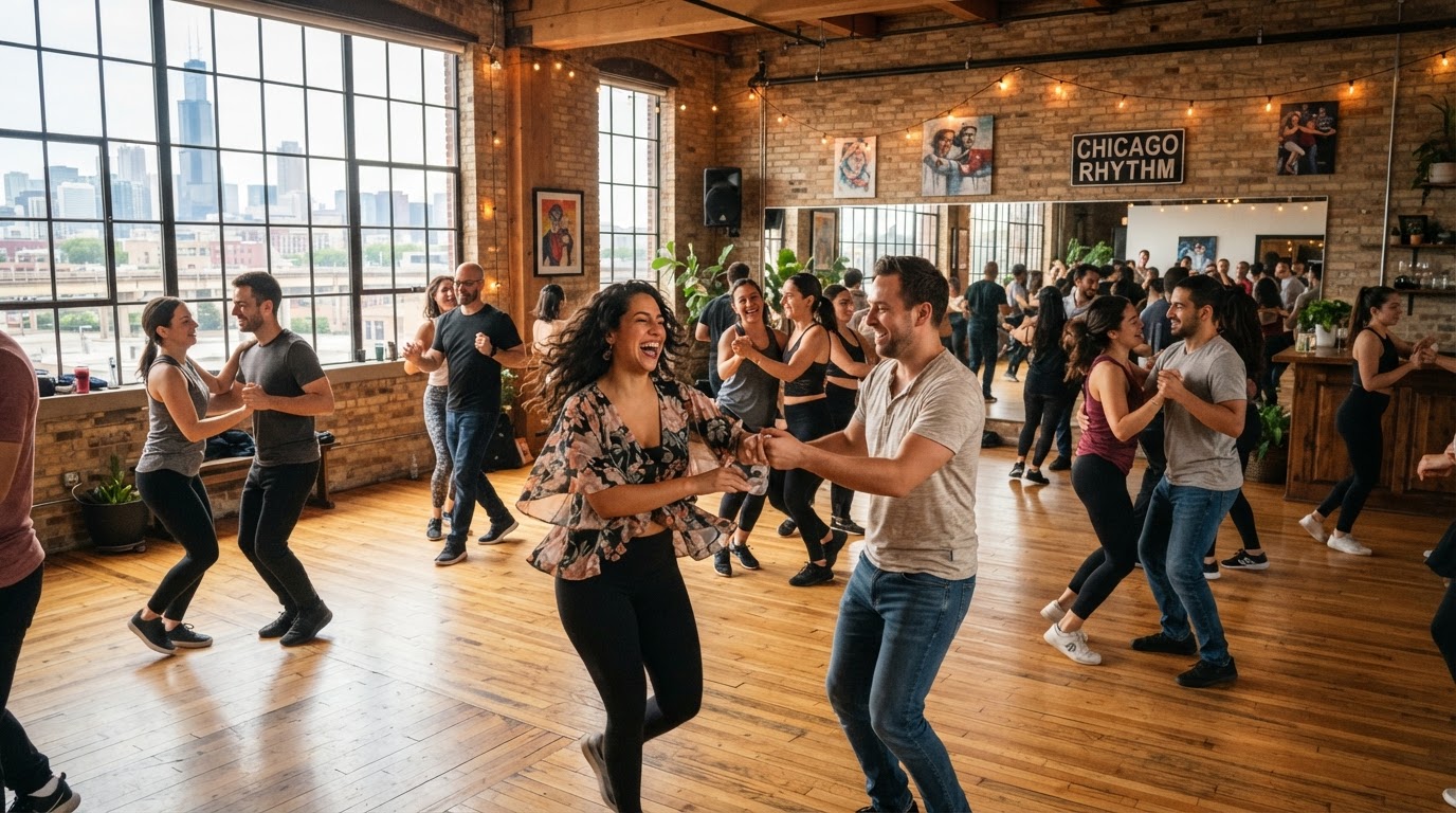 Joyful Latin dance class at Studio E Chicago