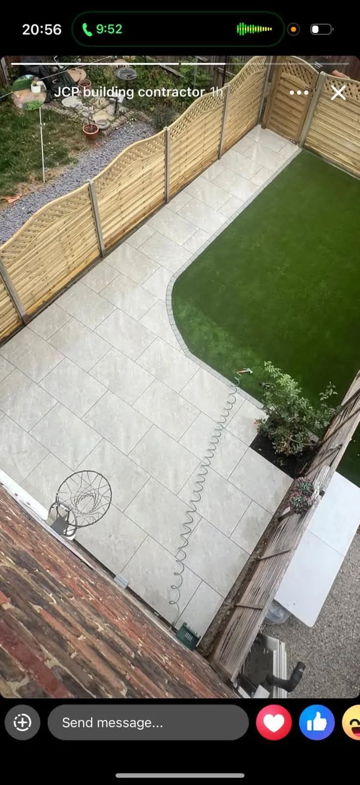 Aerial view of modern garden patio with curved edge and artificial lawn