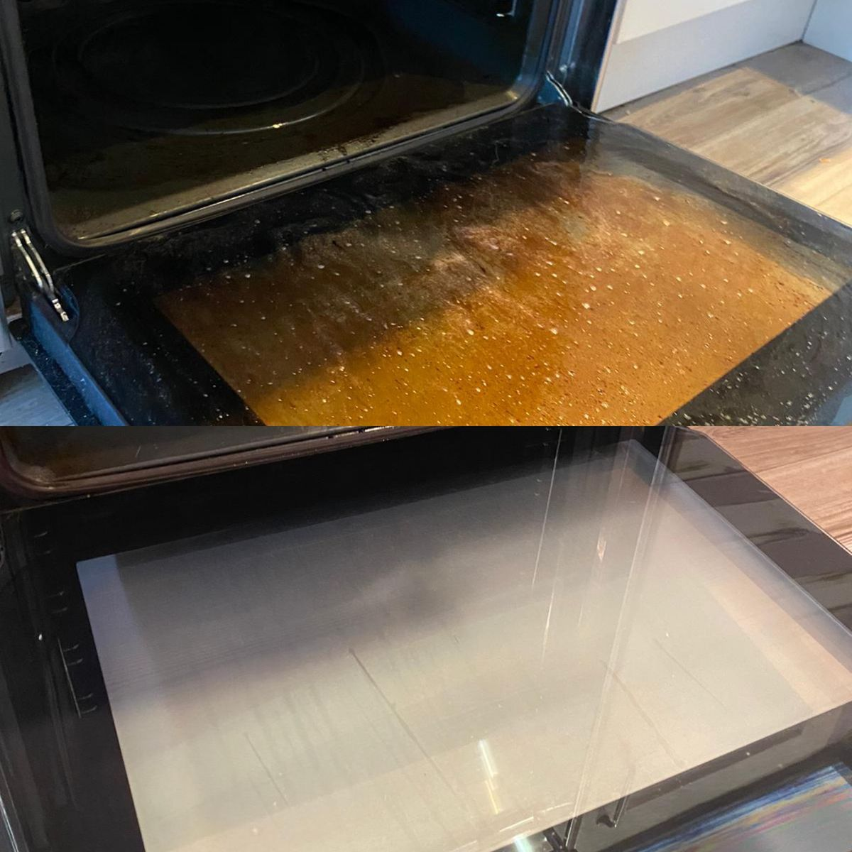 Before and after deep cleaning of baked-on grease on oven door glass by Lorena García Cleaning Services