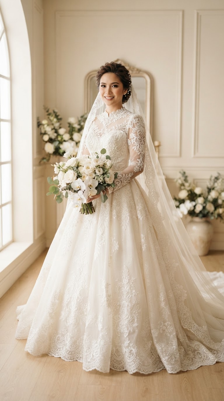Bride wearing an elegant modest Apostolic-inspired luxury wedding gown with long lace sleeves and cathedral veil at Lyn's Bridal Boutique