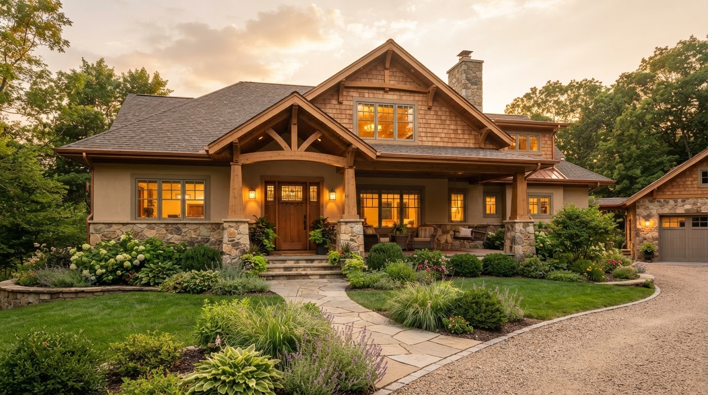 A warm luxury craftsman home at golden hour