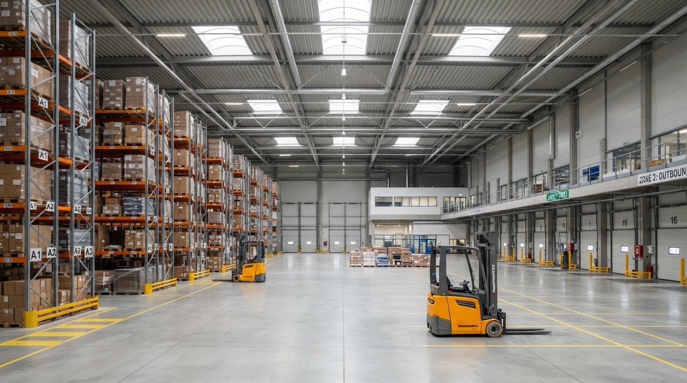 A clean modern warehouse interior where safety eyewear is required