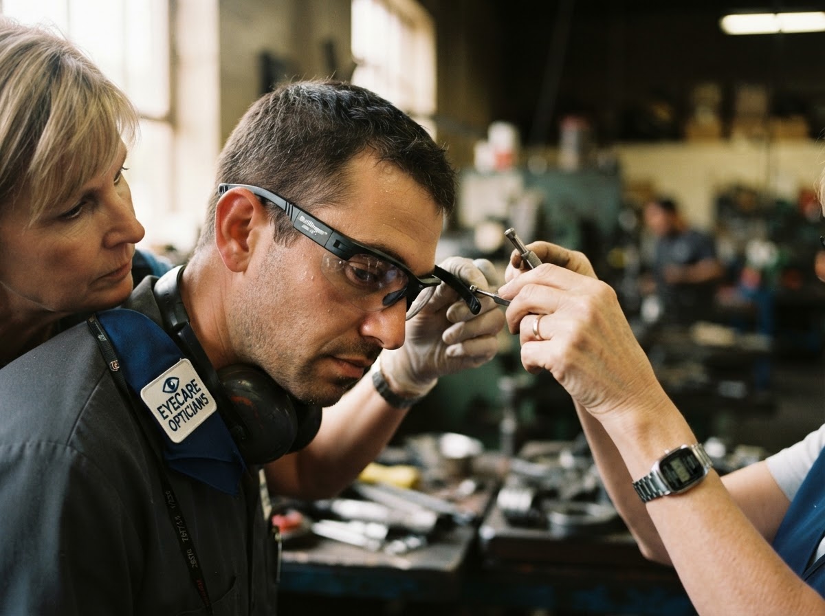 An optician carefully fitting safety glasses and taking measurements on an employee