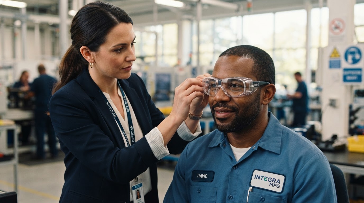 A professional optician fitting protective safety eyewear on an employee inside a modern manufacturing facility