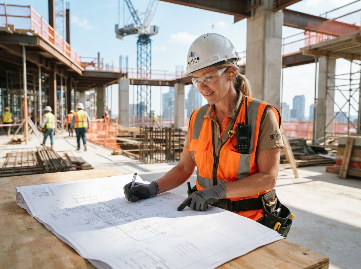 A skilled trades worker in safety glasses reviewing blueprints on a construction site